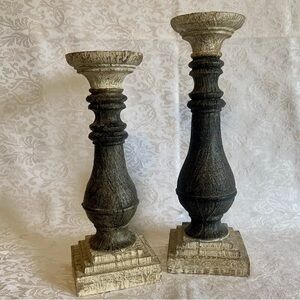 Pair Hobby Lobby Rustic Wood Look Candle Stick Pillar 15” & 13”